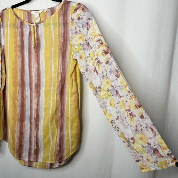 SUNDANCE / yellow maroon striped floral semi-sheer long sleeve blouse top / XS - Picture 3 of 6